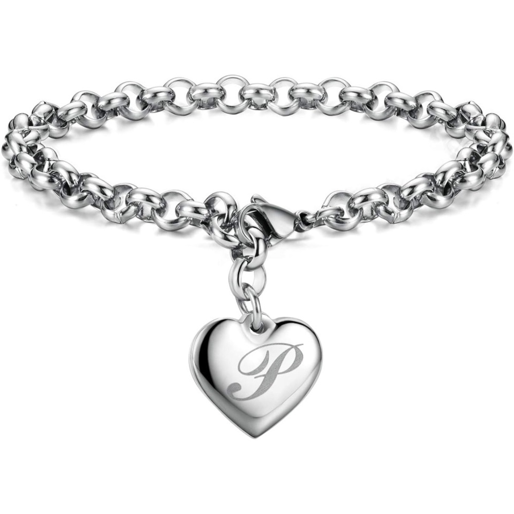 ❤️Letter P Silver Heart Initial Charm Bracelet